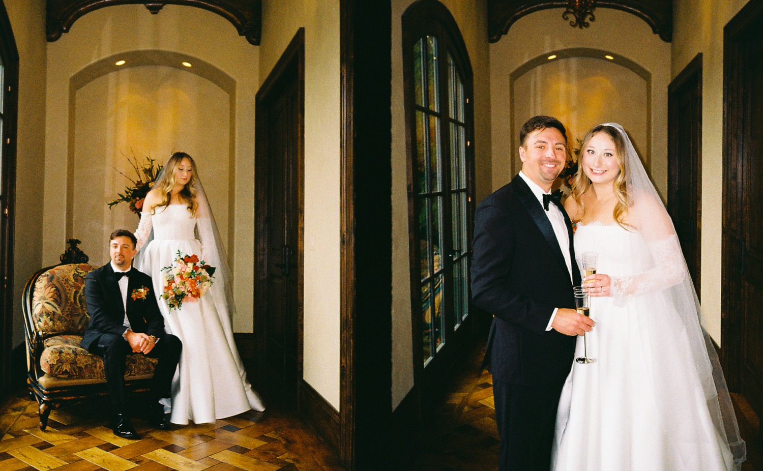 Film wedding portraits of Lauren and Logan in a candlelit hallway